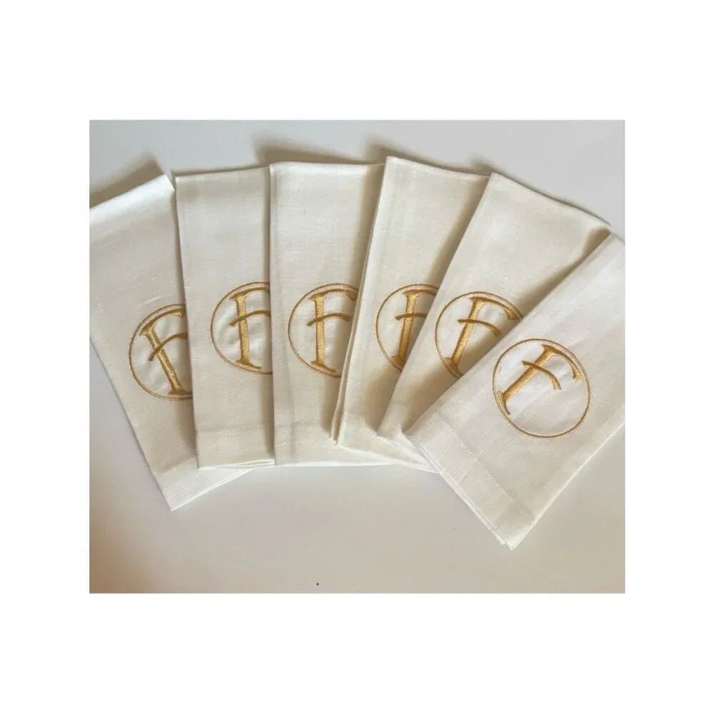Frontgate Embroidered Monogram “F”Linen Guest Towels in Ivory Set of 6~ New